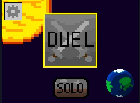Écran d'accueil de Pixel Fight 2 : boutons Duel et Solo sur fond de ciel en pixel art